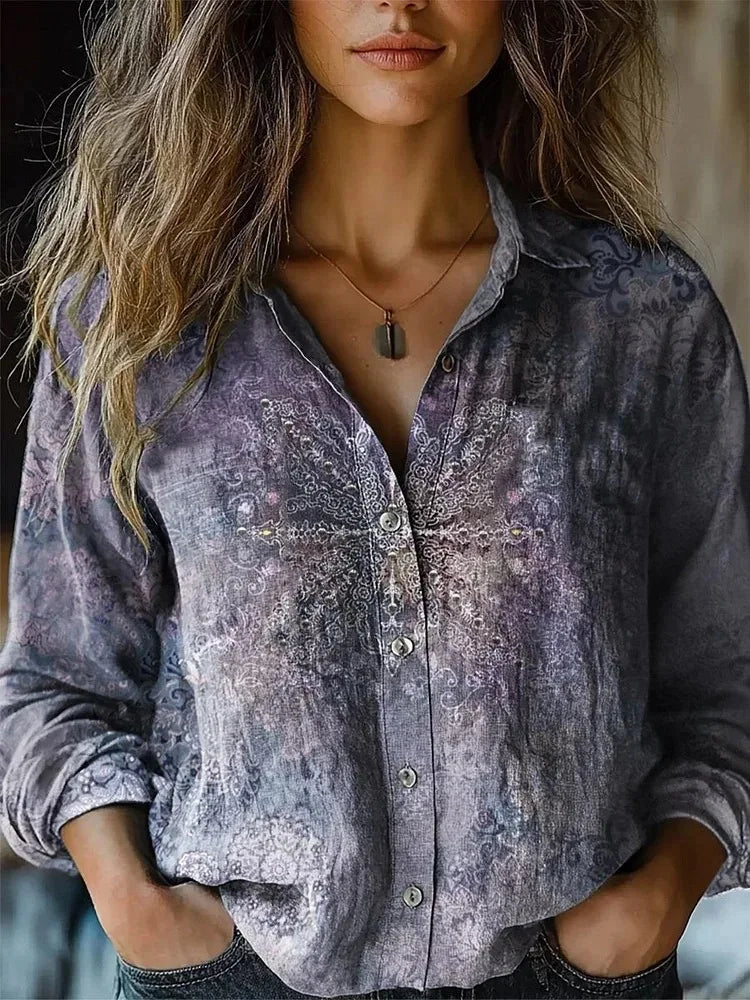 Women's Vintage Floral Print Button-Down Shirt | Relaxed Fit Autumn Blouse 9