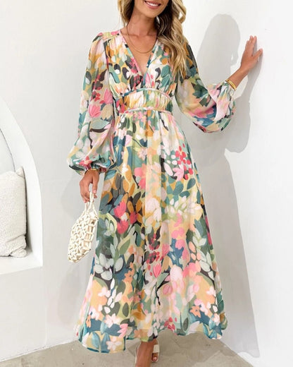 Women's Watercolor Floral Midi Dress | Elegant V-Neck Long Sleeve Spring Dress 1