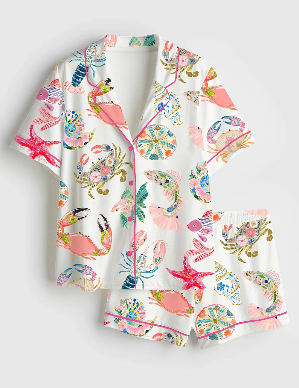 Women’s Tropical Reef Watercolor Shells Crab Fish Ocean Beach Short Sleeve Silky Satin Pajama Set