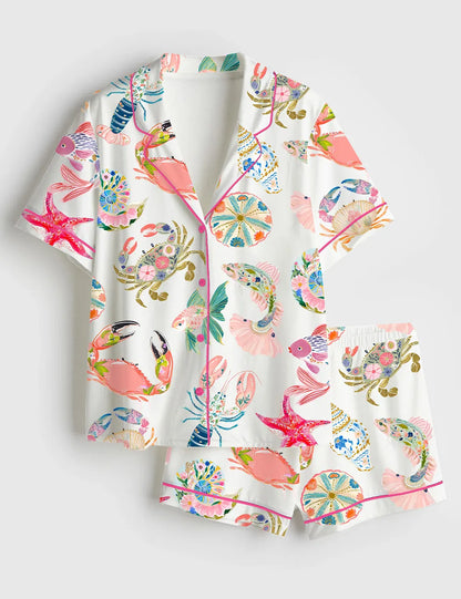 Women’s Tropical Reef Watercolor Shells Crab Fish Ocean Beach Short Sleeve Silky Satin Pajama Set