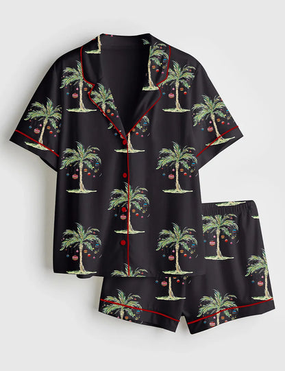 Women’s Tropical Christmas Aloha Holiday Beach Santa In July Hawaiian Print Short Sleeve Satin Pajama Set