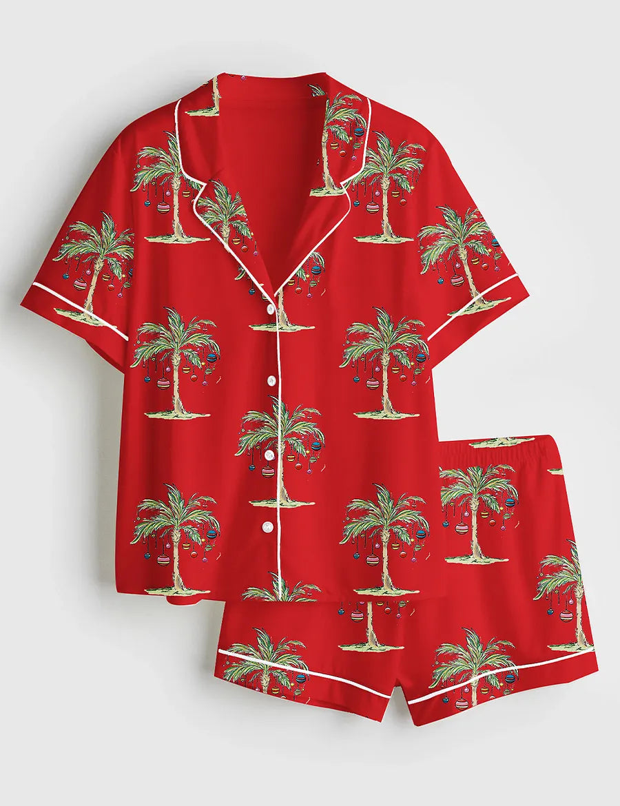 Women’s Tropical Christmas Aloha Holiday Beach Santa In July Hawaiian Print Short Sleeve Satin Pajama Set