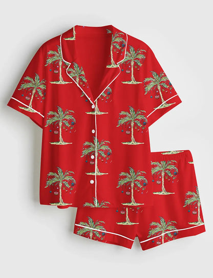 Women’s Tropical Christmas Aloha Holiday Beach Santa In July Hawaiian Print Short Sleeve Satin Pajama Set