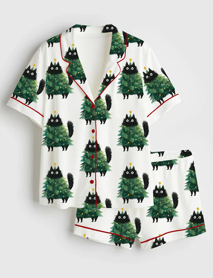 Women’s Funny Christmas Cat In Tree Costume Cute Holiday Short Sleeve Satin Pajama Set