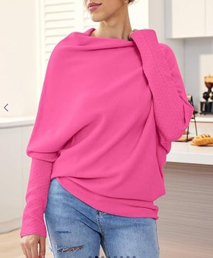 Asymmetric Draped Jumper Women's Oversized Soft Knit Swing Collar Pullover Top