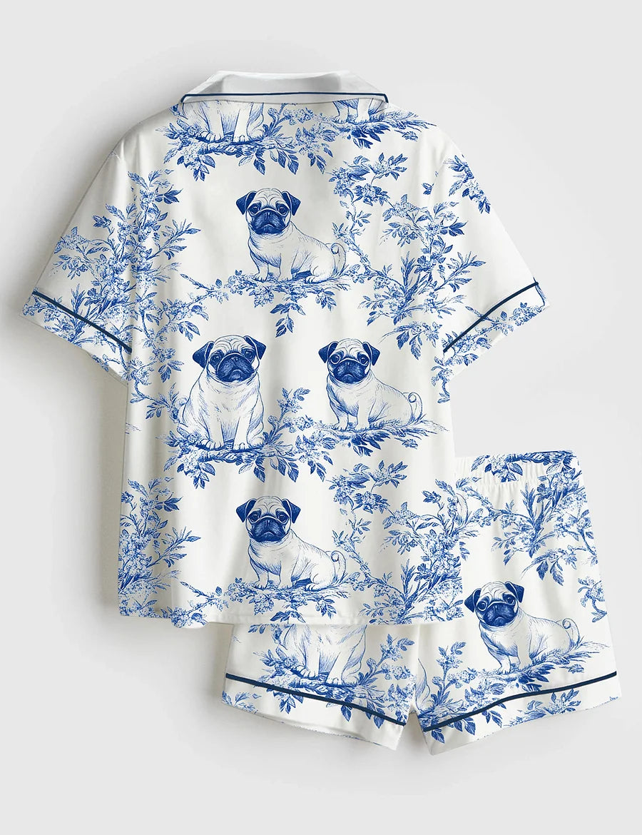 Women’s Pug French Dog Chinoiserie Art Short Sleeve Silky Satin Pajama Set