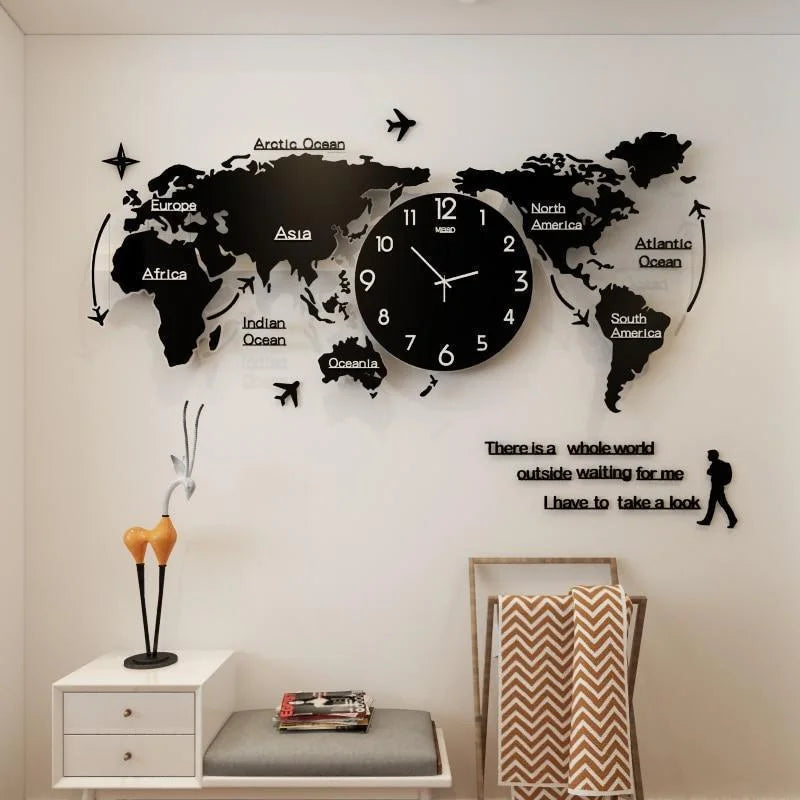 3D Acrylic World Map Wall Clock Nordic Modern Digital Hanging Wall Clock