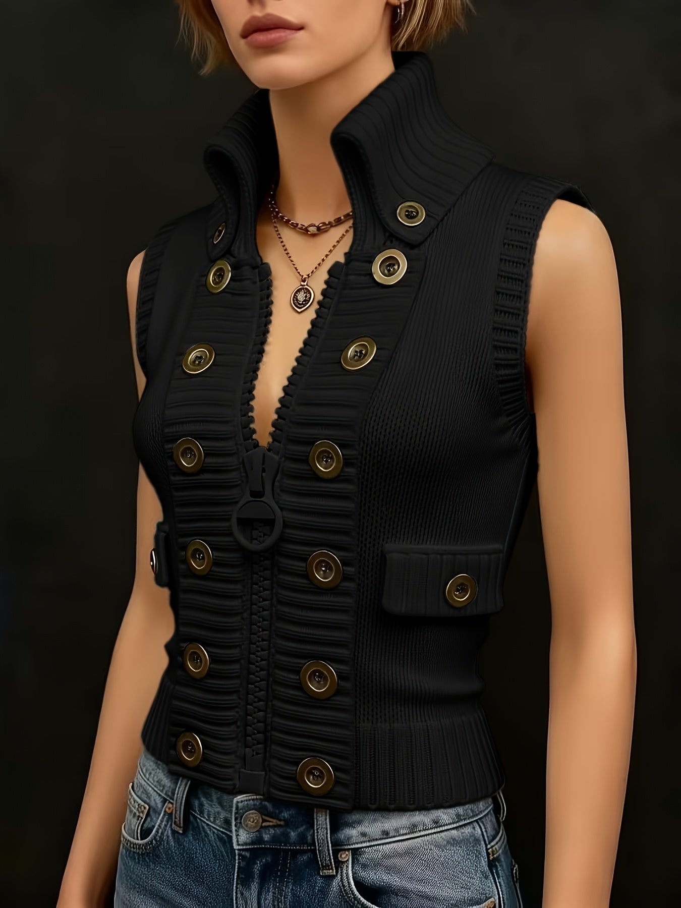 Women's High Collar Ribbed Knit Vest
