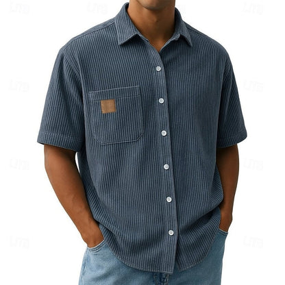 Ribbed Corduroy Short-Sleeve Shirt with Chest Pocket