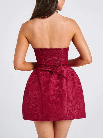 Jacquard Strapless Knot A-line Mini Dress