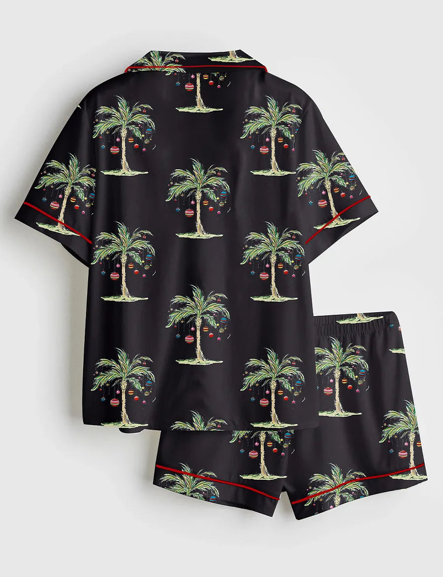 Women’s Tropical Christmas Aloha Holiday Beach Santa In July Hawaiian Print Short Sleeve Satin Pajama Set