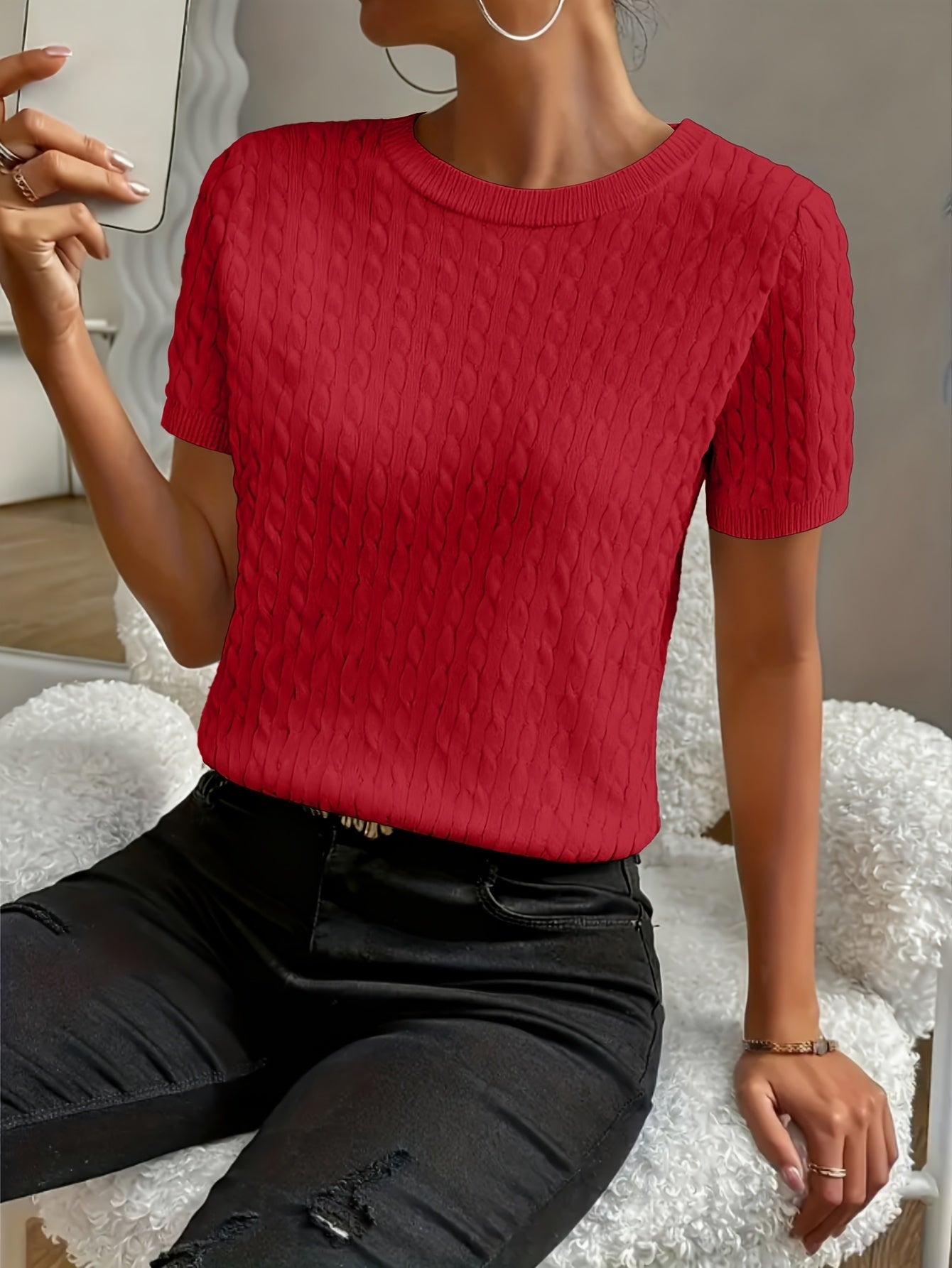 Women's Cable Knit Short Sleeve Sweater