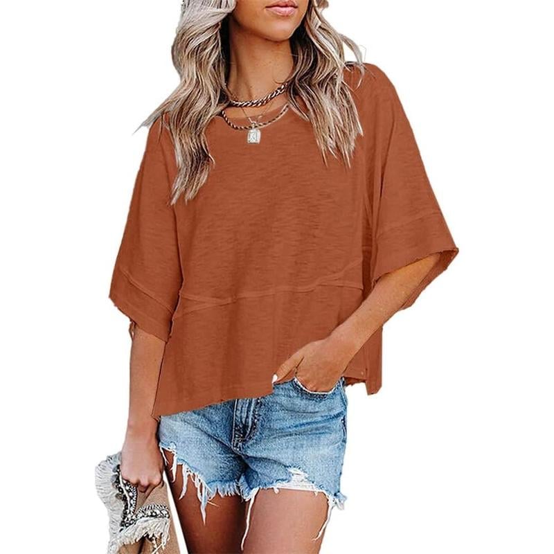 Women's Summer Casual Crewneck Batwing Half Sleeve T-Shirts Solid Color Loose Fit