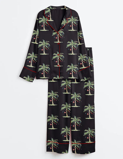 Women’s Tropical Christmas Aloha Holiday Beach Santa In July Hawaiian Print Long Sleeve Satin Pajama Set