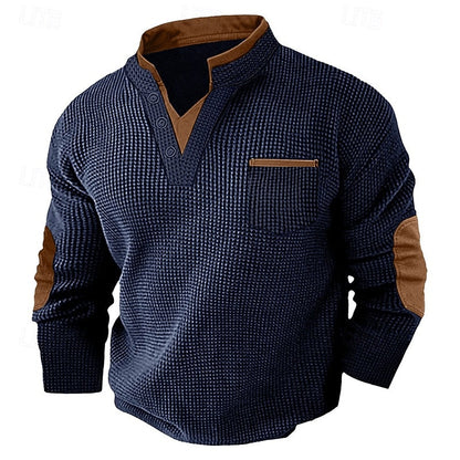 Waffle Knit Henley Shirt with Contrast Trim