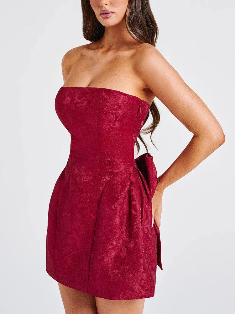 Jacquard Strapless Knot A-line Mini Dress