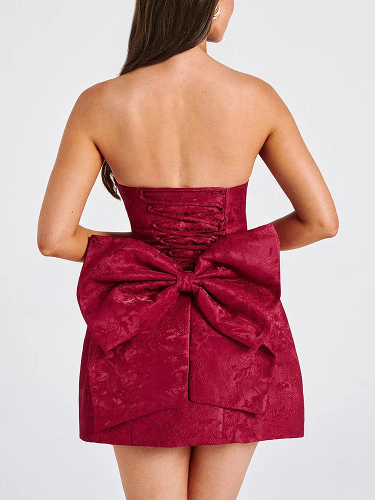 Jacquard Strapless Knot A-line Mini Dress