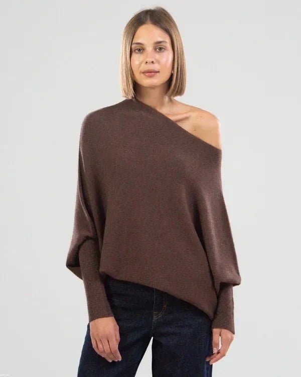 Asymmetric Draped Jumper Women's Oversized Soft Knit Swing Collar Pullover Top