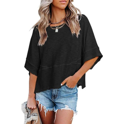 Women's Summer Casual Crewneck Batwing Half Sleeve T-Shirts Solid Color Loose Fit