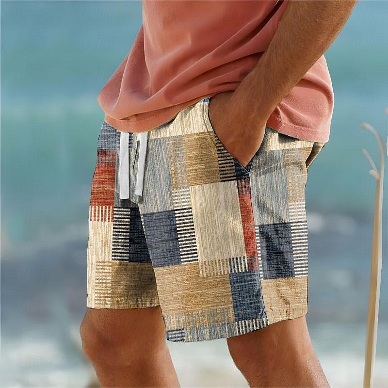 Patchwork Woven Swim Shorts with Drawstring Waist