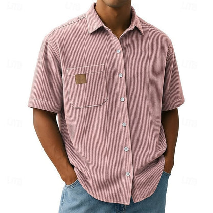 Ribbed Corduroy Short-Sleeve Shirt with Chest Pocket