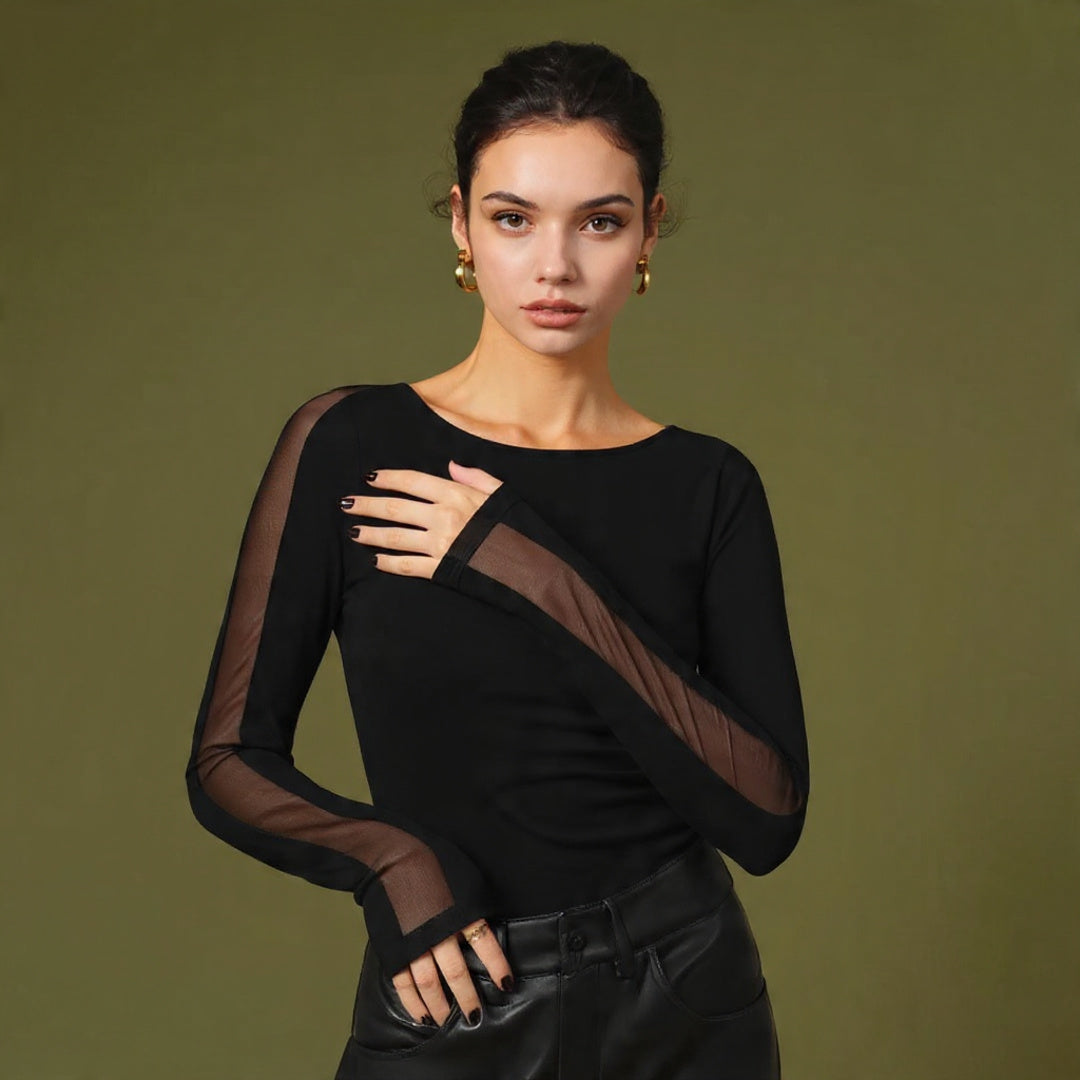 Valerie | Sheer Mesh Long Sleeve Fitted Bodysuit