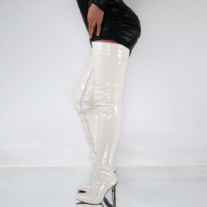 Women Pointed Toe Patent Leather Side Zipper Stiletto High Heel Over The Knee Boots