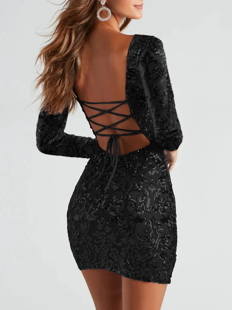 Sequin Long Sleeve Bodycon Lace-up Back Mini Dress