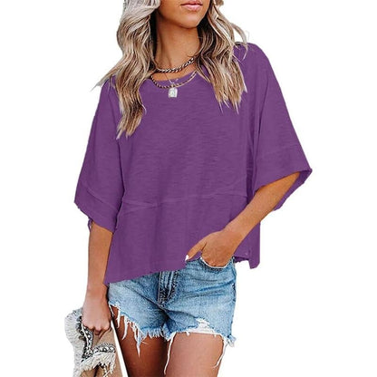 Women's Summer Casual Crewneck Batwing Half Sleeve T-Shirts Solid Color Loose Fit