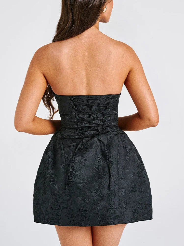 Jacquard Strapless Knot A-line Mini Dress