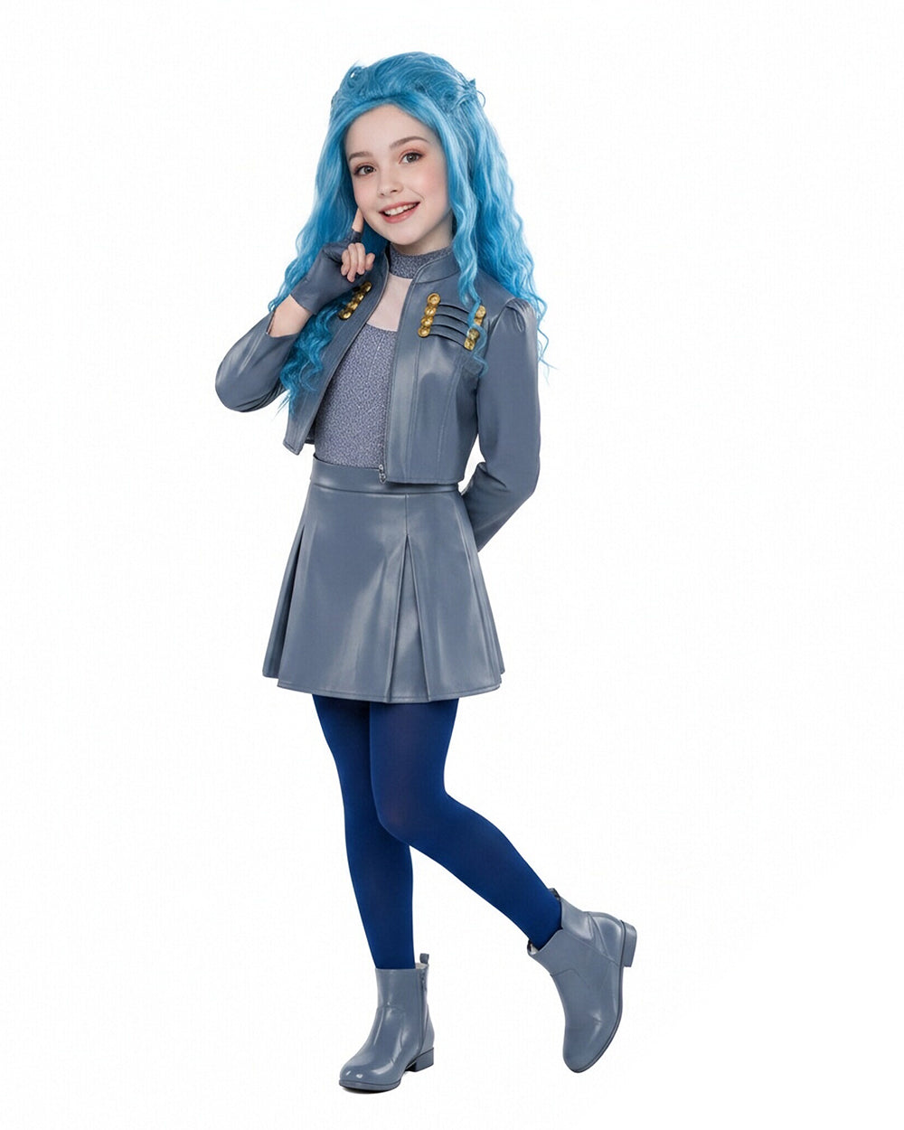 Wonderland Princess Chloe Costume Blue PU Leather Jacket Skirt Shirt with Leggings and Gloves 5pcs Outfit for Cosplay Party