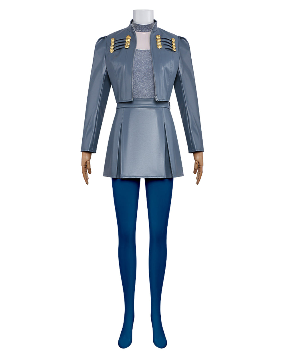 Wonderland Princess Chloe Costume Blue PU Leather Jacket Skirt Shirt with Leggings and Gloves 5pcs Outfit for Cosplay Party