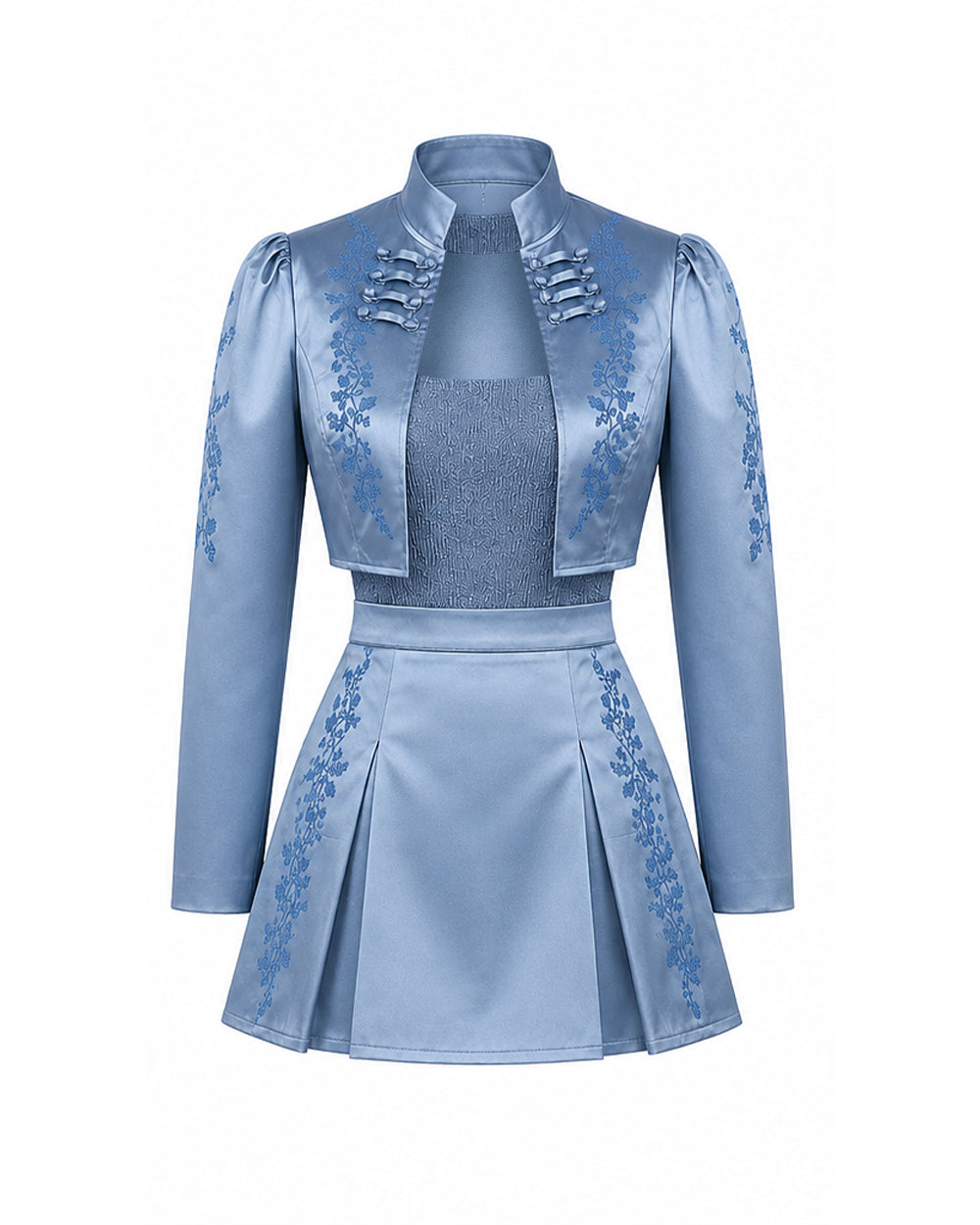 Princess Chloe Dress Royal Blue Satin 3-Piece Set Jacket Inner Top Pleated Skirt and Underskirt for Theme Party