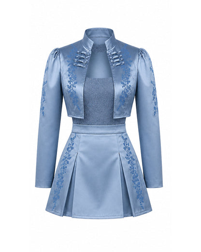Princess Chloe Dress Royal Blue Satin 3-Piece Set Jacket Inner Top Pleated Skirt and Underskirt for Theme Party