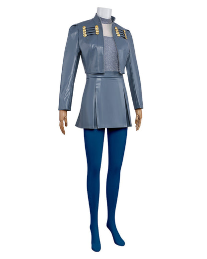 Wonderland Princess Chloe Costume Blue PU Leather Jacket Skirt Shirt with Leggings and Gloves 5pcs Outfit for Cosplay Party