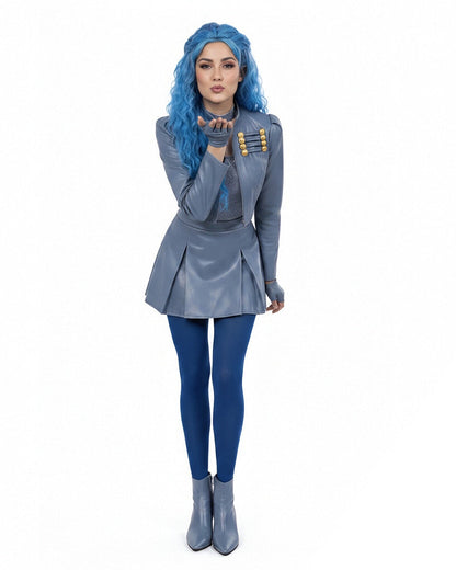 Wonderland Princess Chloe Costume Blue PU Leather Jacket Skirt Shirt with Leggings and Gloves 5pcs Outfit for Cosplay Party