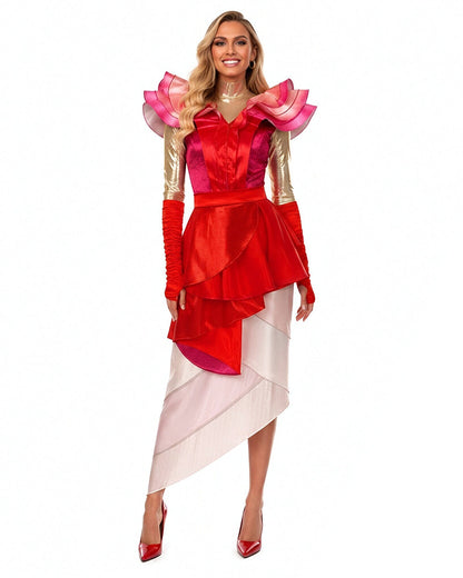 Wonderland Card Queen Costume Red Ruffle High-Low Layered Dress with Crown and Wig for Stage Performances