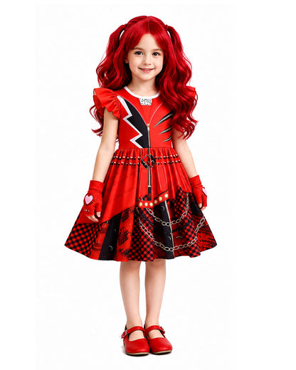 Girls Red Princess Costume Wonderland Dress Red Heart Gloves and Wig 3pcs Suit for Halloween Carnival