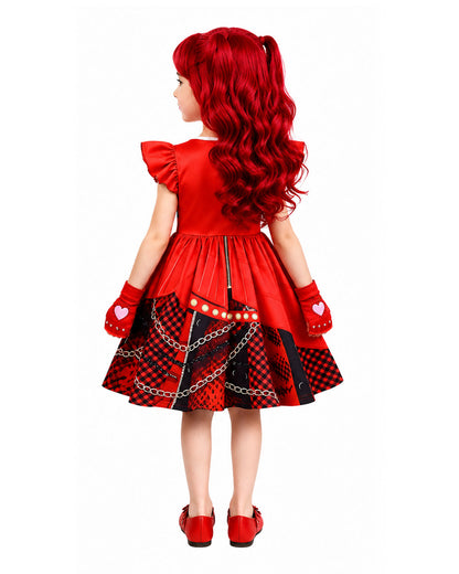 Girls Red Princess Costume Wonderland Dress Red Heart Gloves and Wig 3pcs Suit for Halloween Carnival