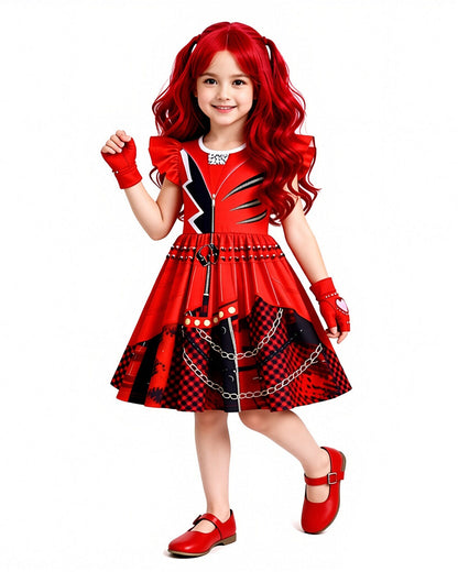Girls Red Princess Costume Wonderland Dress Red Heart Gloves and Wig 3pcs Suit for Halloween Carnival