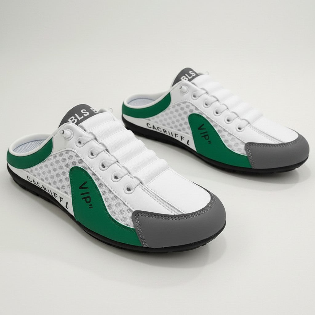 Mules sneakers Doglory blancs, verts et gris avec détails perforés et inscription VIP pour un confort quotidien.