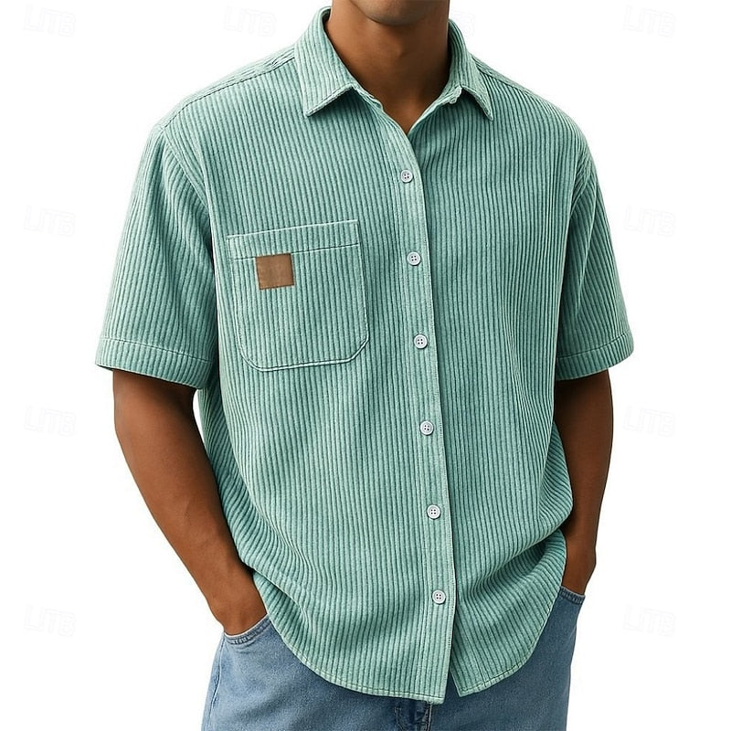Ribbed Corduroy Short-Sleeve Shirt with Chest Pocket