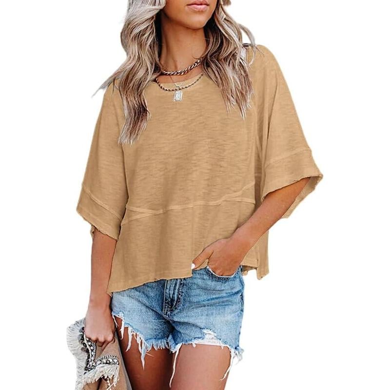 Women's Summer Casual Crewneck Batwing Half Sleeve T-Shirts Solid Color Loose Fit
