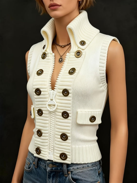 Women's High Collar Ribbed Knit Vest