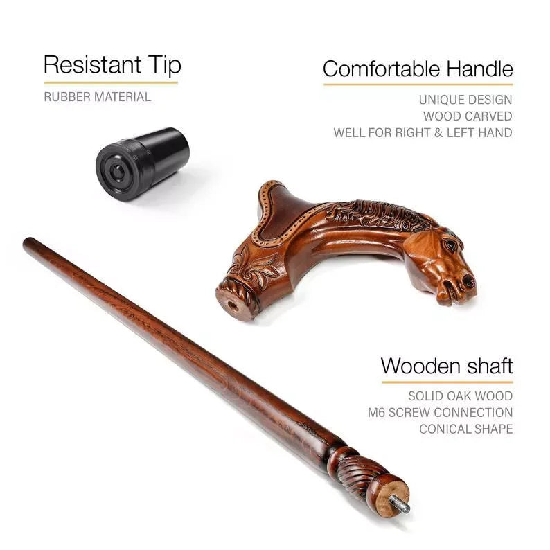 Horse Wooden Walking Cane stick - Ergonomic Palm Grip Handle