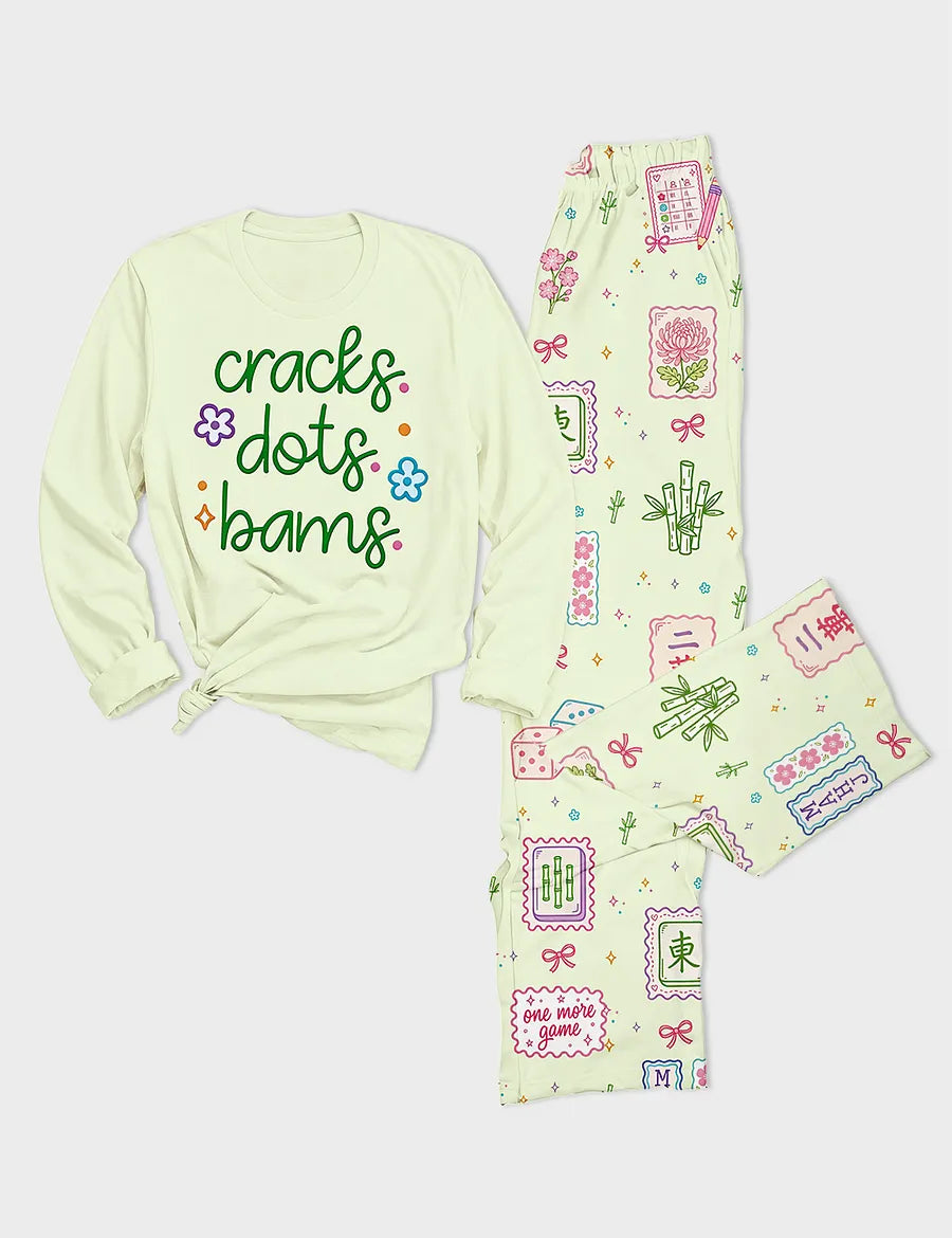 Women's Mahjong Pastel Game Long Sleeve Cotton T-Shirt Pajama Set