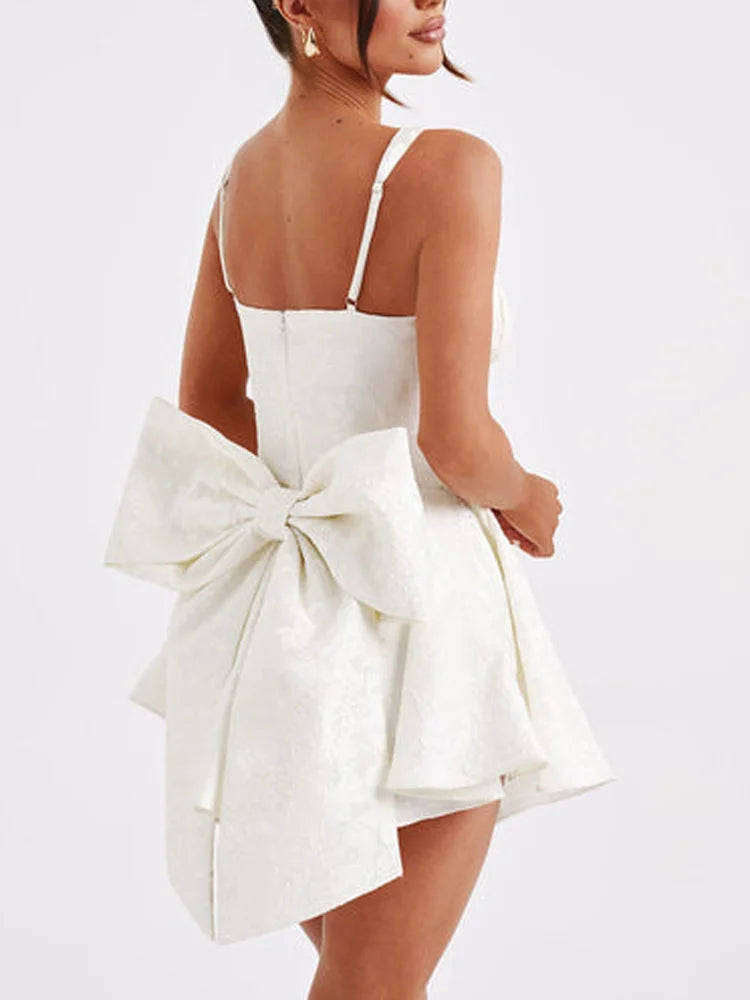 Jacquard Back Bow Embellished A-line Mini Dress