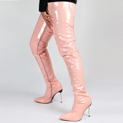 Women Pointed Toe Patent Leather Side Zipper Stiletto High Heel Over The Knee Boots