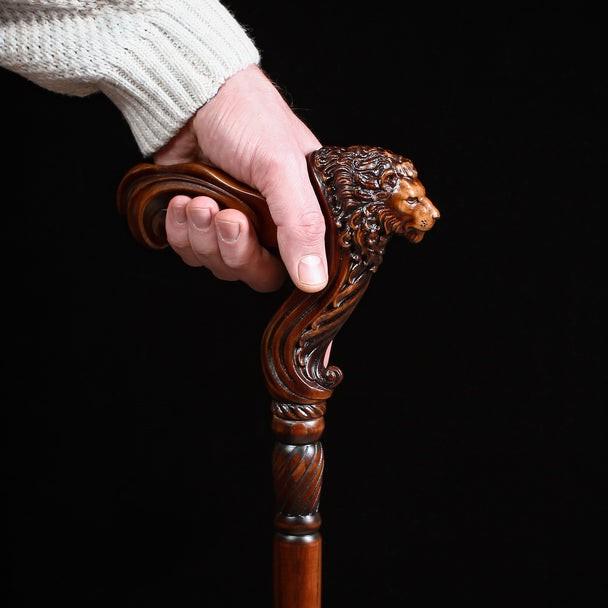 Wooden Walking Stick Cane Lion Head – Palm Grip Ergonomic Handle