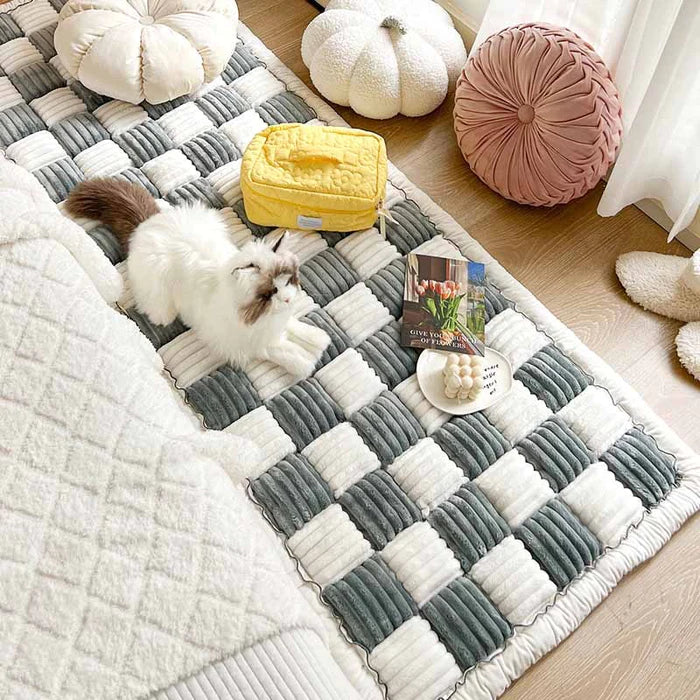 Cream-coloured Large Plaid Square Fuzzy Pet Dog Mat Bed Couch Cover